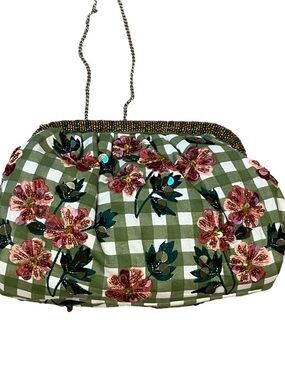 Made in India green gingham floral embroidered and beaded crossbody hinge bag